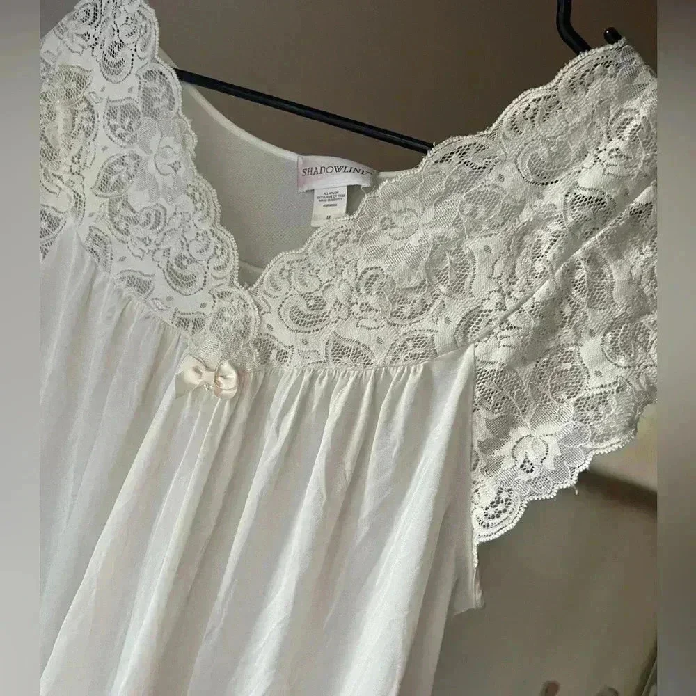 Vintage grannycore coquette ivory bow lace chemise slip dress lingerie nightie - Picture 11 of 13